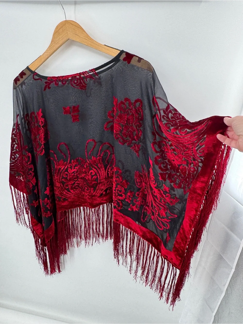 Whimsigoth Burnout Velvet Fringe Trim Poncho Fairy Goth Boho Hippie Black & Red